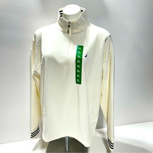 Nautica Ladies Quarter Zip Pullover Off White Blue Stripe Neck Boat XL - Picture 2 of 11